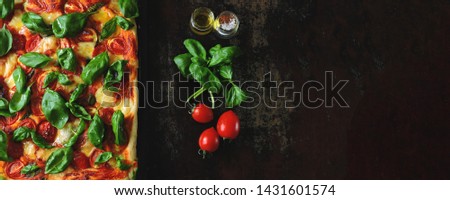 Homemade caprese pizza. Rectangular vegetarian pizza. Square pizza. Keto diet Banner.