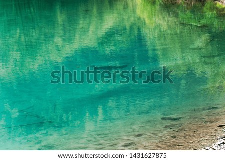 A look through the surface of a transparent colorful reflective lake
