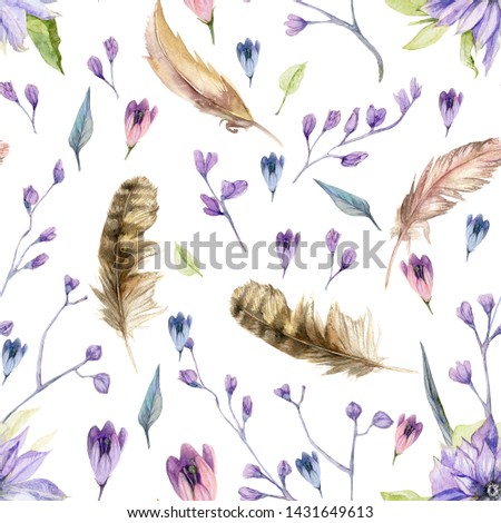 gentle watercolor floral pattern, violet flowers, feather, white background 