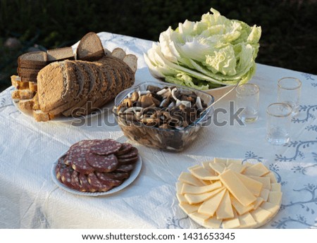 Table with products for a picnic in nature. Outdoors food with bread, cheese, sausage.