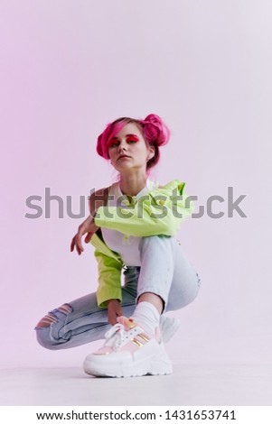 woman with pink hair makeup fashion style
