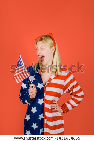 Make america great again. Independence Day. July 4th. American flag. America. United states. USA. United states of America. US. Summer. Winking woman with American flag.