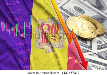 Andorra flag and cryptocurrency falling trend with two bitcoins on dollar bills