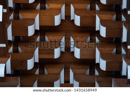 Close-up art of wooden texture under the Japanese traditional temple roof 