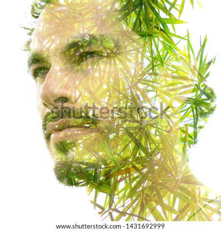Double exposure close up portrait of an attractive man combined with plants, created with an ecological concept
