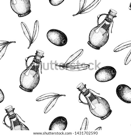 Seamless pattern of black and green olives branch isolated on white background. Design for olive oil, natural cosmetics, health care products