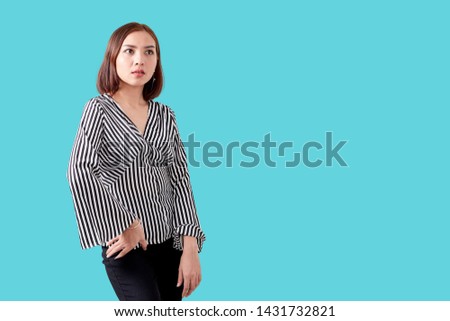 Closeup fashion studio portrait of asian young woman business smiling white wall background