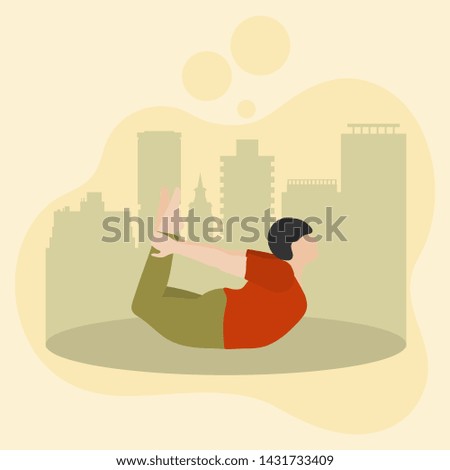 Vector illustration with person does yoga exercise, yoga pose on background of the cityscape. Yoga for everyone. Healthy lifestyle. Balance training. Design for app, websites, print, presentation