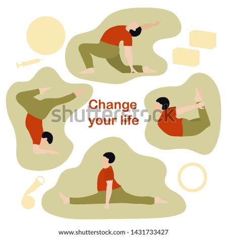 Vector illustration with person does yoga exercise, yoga pose on background of the yoga accessories. Healthy lifestyle. Balance training. Design for app, websites, print, presentation