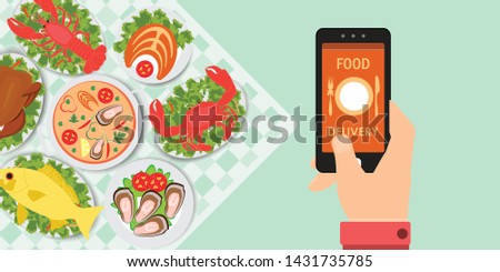 Food delivery app on a smartphone with foods, top view of foods, Order fast food concept in flat vector illustration.