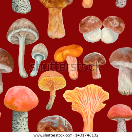 Autumn seamless pattern. Different types of mushrooms on a red background. Colorful botanical wallpaper. Realistic acrylic drawing. Vintage style. Non-poisonous mushrooms.
