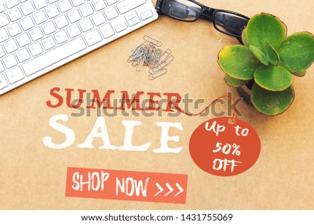 summer sale concept, desktop : keyboard, eyeglasses 