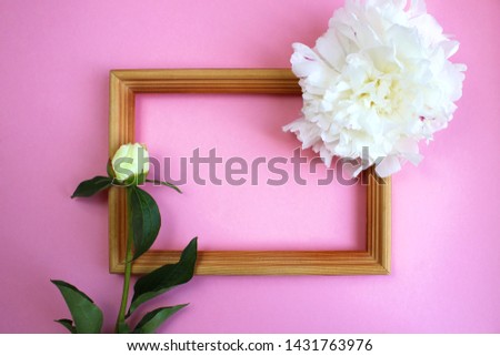 white peony flowers decorate the frame