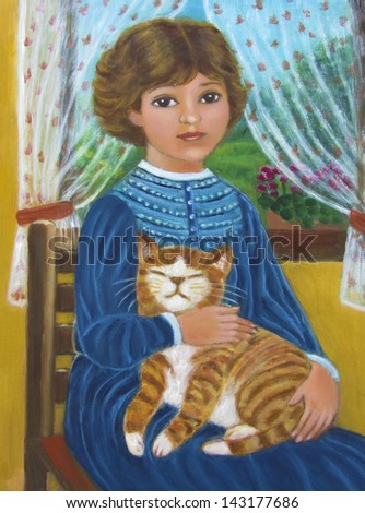 picture of beautiful girl with a kitten in her lap the painter Gloria Gill