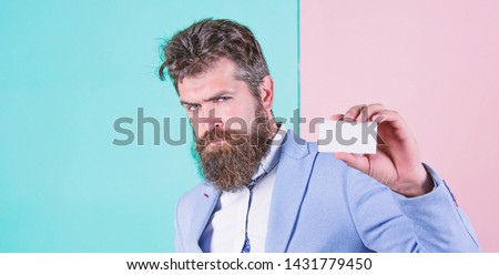 Banking services for business. Business card design. Card copy space professional occupation position. Feel free contact me. Businessman hold blank card. Bearded hipster serious face show card.
