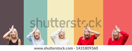 Collage of beautiful blonde woman over vintage isolated background surprised with hand on head for mistake, remember error. Forgot, bad memory concept.