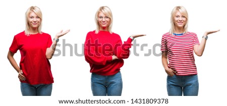 Collage of beautiful blonde woman wearing casual red over isolated background smiling cheerful presenting and pointing with palm of hand looking at the camera.