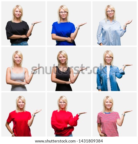Collage of beautiful blonde woman wearing differents casual looks over isolated background smiling cheerful presenting and pointing with palm of hand looking at the camera.