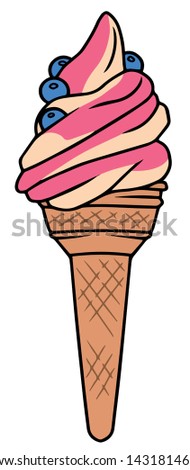 Mixed cream colored vanilla and pinks strawberry flavor soft ice cream in cone, a cartoon style vector illustration drawing