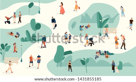 People in park. Trendy men and women crowd walking in summer park, cartoon large people group. Vector set persons leisure biking with dogs