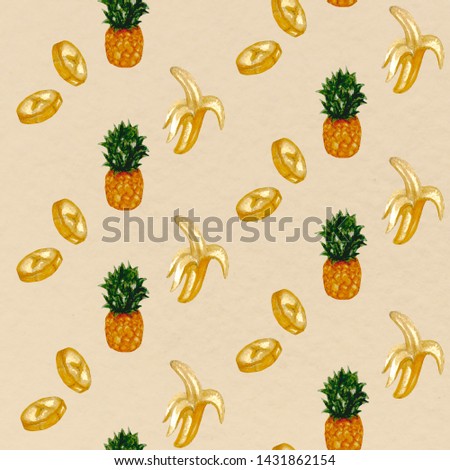 Hand drawn watercolor pineapple and banana . Seamless digital  wallpaper .