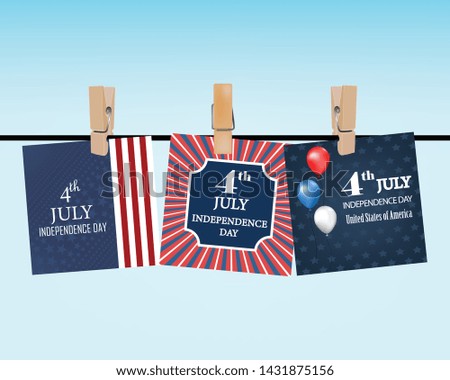 Greetings cards to the USA day Independence hanging on the clothespins on the blue sky background. Vector realistic isolated illustration