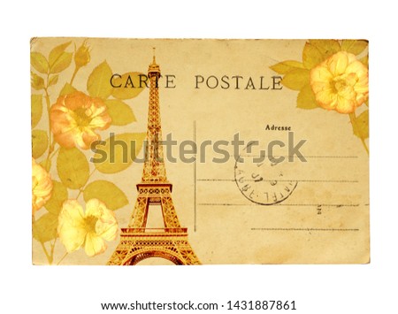 Vintage postcard with Eiffel Tower and rose flowers. Lettering "postcard" in french. Isolated on white background