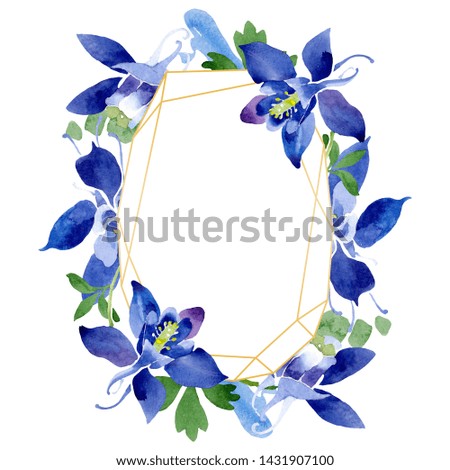 Blue aquilegia floral botanical flowers. Wild spring leaf wildflower isolated. Watercolor background illustration set. Watercolour drawing fashion aquarelle isolated. Frame border ornament square.