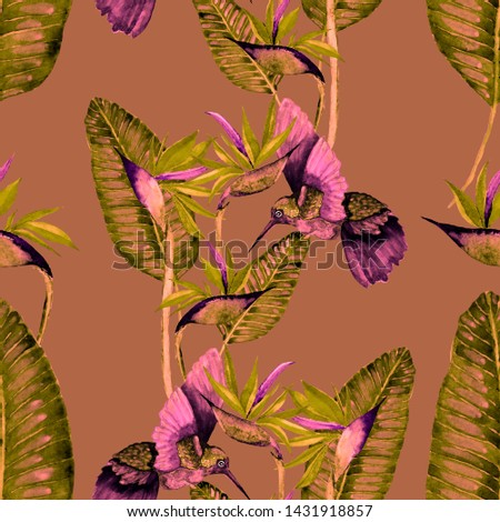 Watercolor seamless pattern with hummingbird and tropical plants. Bright summer print. Beautiful fashion art. Summer tropical design. 