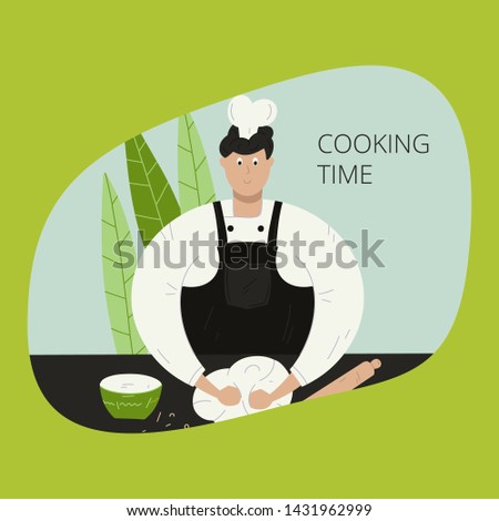 Cooking time. Chef kneads the dough. Concept illustration of the restaurant business. Illustration is perfect for cooking blog, cookbook and magazines.