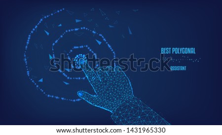 Touch the abstract future.  Polygonal illustration of hand man of triangles and points. Background of beautiful dark blue night sky. Design for various successful conceptual projects. Low poly. 