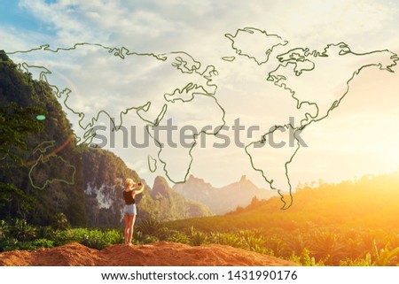 Back view of woman wanderlust photographing scenery nature landscape on smartphone. Young female taking photo on cellular. Discovering world in travel. Infographics world continents symbol
