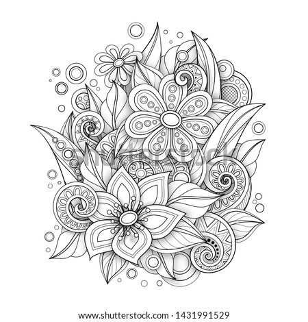 Monochrome Floral Illustration in Doodle Style. Decorative Composition with Flowers, Leaves and Swirls. Elegant Natural Motif. Coloring Book Page. Vector Contour 3d Art. Abstract Design Element