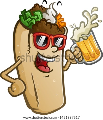 A burrito vector cartoon with attitude, wearing sunglasses and drinking a mug of cold delicious Mexican beer