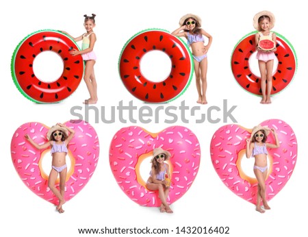Set of cute little girl with inflatable rings on white background