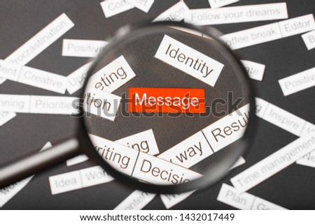 Magnifier glass over the red inscription message cut out of paper. Surrounded by other inscriptions on a dark background. Word cloud concept.