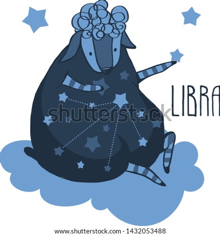 The cute, funny sheep on a cloud surrounded by stars in the image of the zodiac constellation. Libra. Vector graphics.