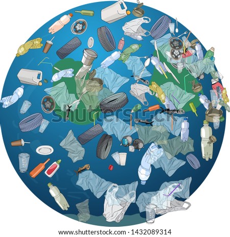 The problem of pollution of the planet. Space debris. The garbage, plastic, bags on the planet isolated on white background. The concept of ecology and the World Cleanup Day. 