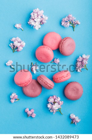 Purple and pink macaron or macaroon cakes with lilac flowers on pastel blue background. Morninig, spring, fashion composition. Flat lay, top view.