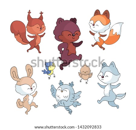 Cute woodland animals in doodle style isolated on a white background. Childhood vector illustrations set.