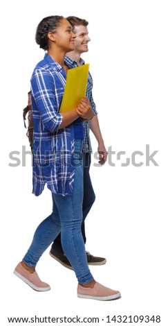 Side view of interracial going couple. walking friendly girl and guy holding hands. Rear view people collection. backside view of person. Isolated over white background. Young students go by laughing.