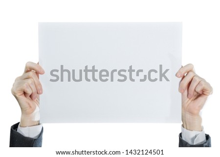 Hand of businesswoman showing blank paper side card isolated on white background.