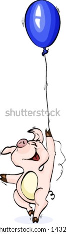 Vector illustration. Cheerful pink pig with blue balloon
