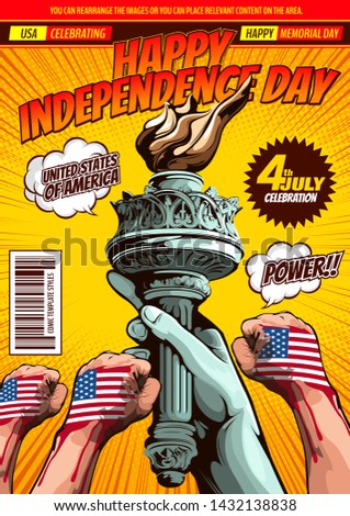 Hand of the Statue of Liberty, independence day, comic book cover template on yellow background, flyer brochure speech bubbles, doodle art, Vector illustration.