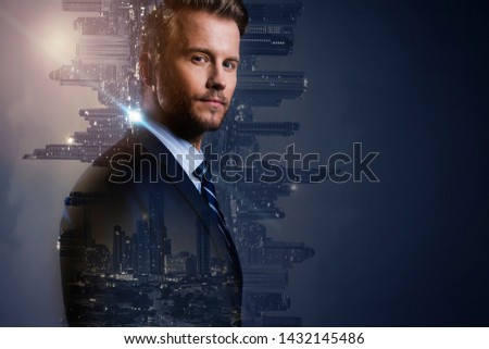 Double exposure of an smart caucasian bearded businessman the suit standing against a city panorama. Toned image.  Double exposure.