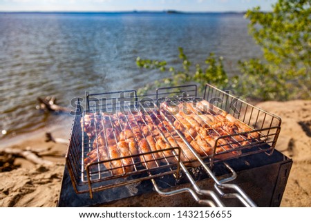 Chiken on the grill against the background of the sea and the beach- paleo food photography.Delicious chiken steak, hot barbecue grill.Roasted chiken leg Grilled, BBQ. Barbecue, picnic in nature Royalty-Free Stock Photo #1432156655