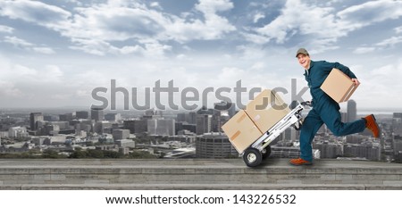Running Delivery postman. Shipping and transportation service. Royalty-Free Stock Photo #143226532