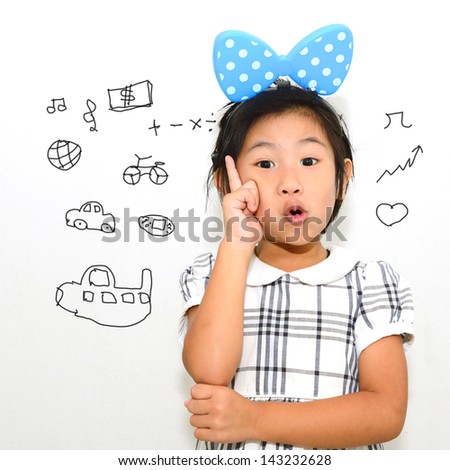 Asian girl pointingand wishing things on white background