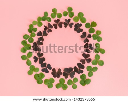 Round frame of clover leaves on pink background. Flat lay. Minimal nature concept