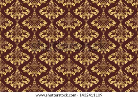 Golden floral ornament on red background. Wallpaper in modern style on background. Floral ornament on background. Trendy vector wallpaper. Abstract repeat background